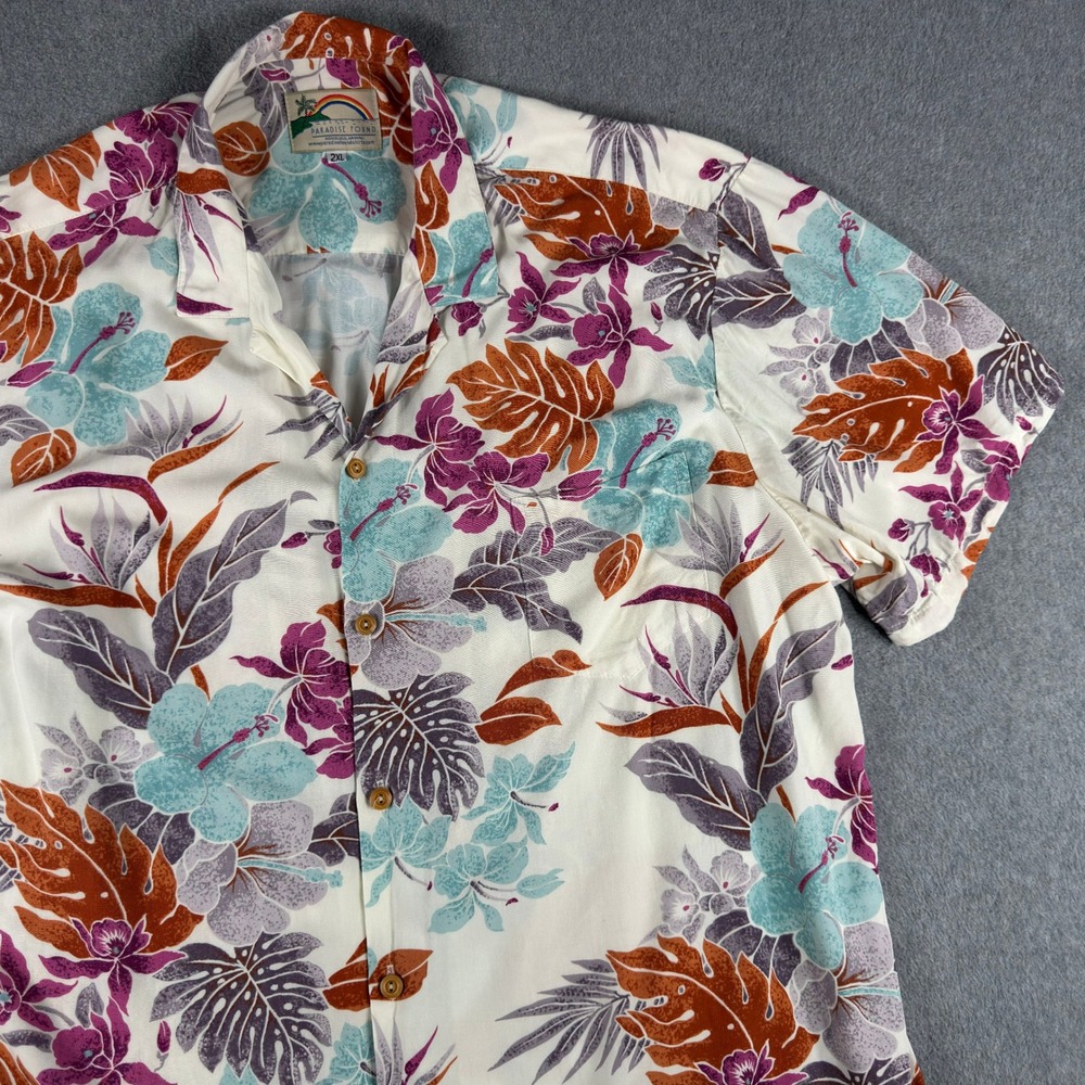 Vintage Paradise Found Shirt Mens 2XL White Floral Camp Collar Hawaiian Rayon